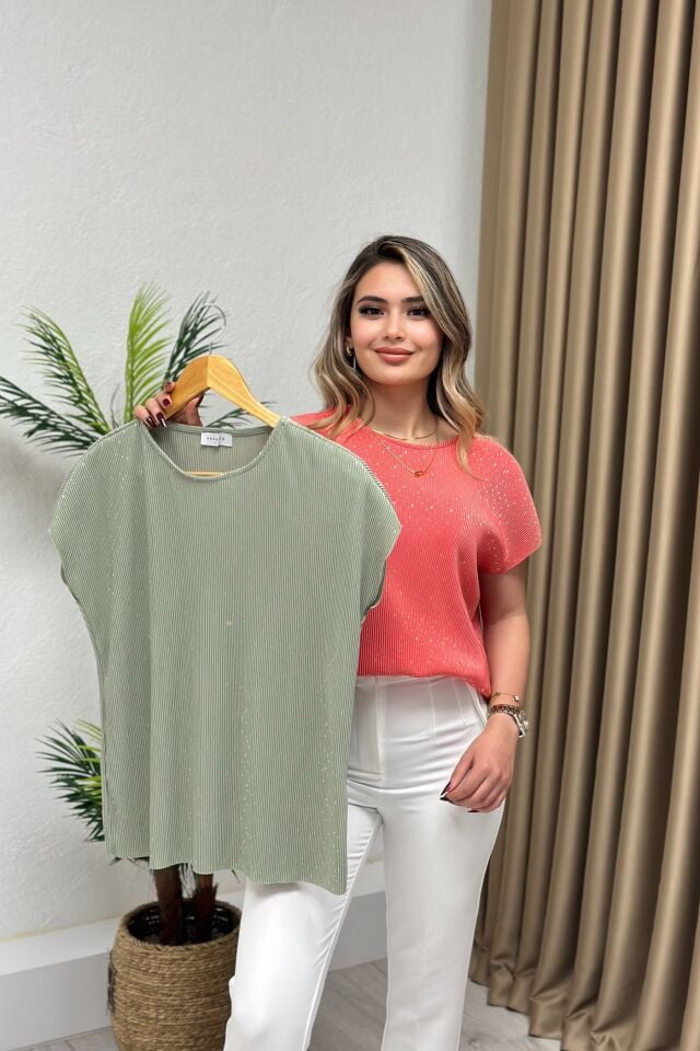 Orjinal Marka Varaklı Piliseli Bluz Mint