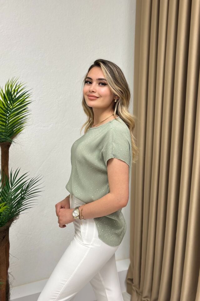 Orjinal Marka Varaklı Piliseli Bluz Mint