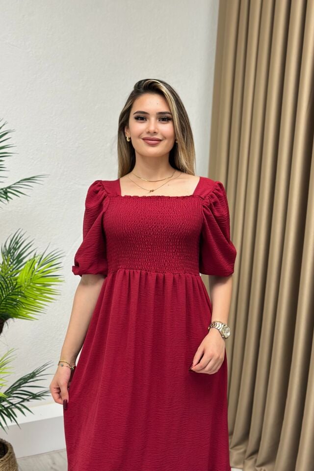 Kare Yaka Ayrobin Kumaş Gipeli Elbise Bordo