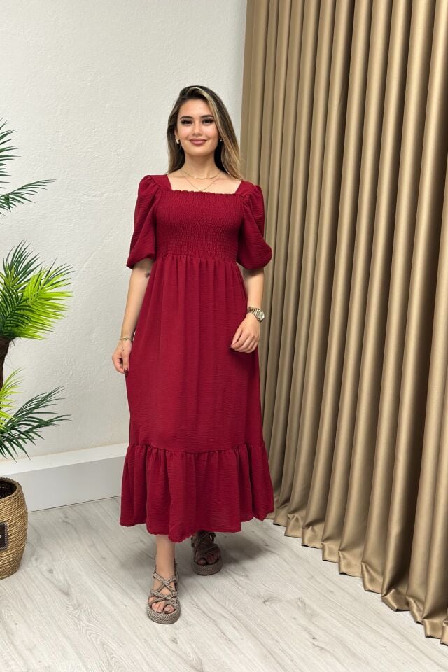 Kare Yaka Ayrobin Kumaş Gipeli Elbise Bordo