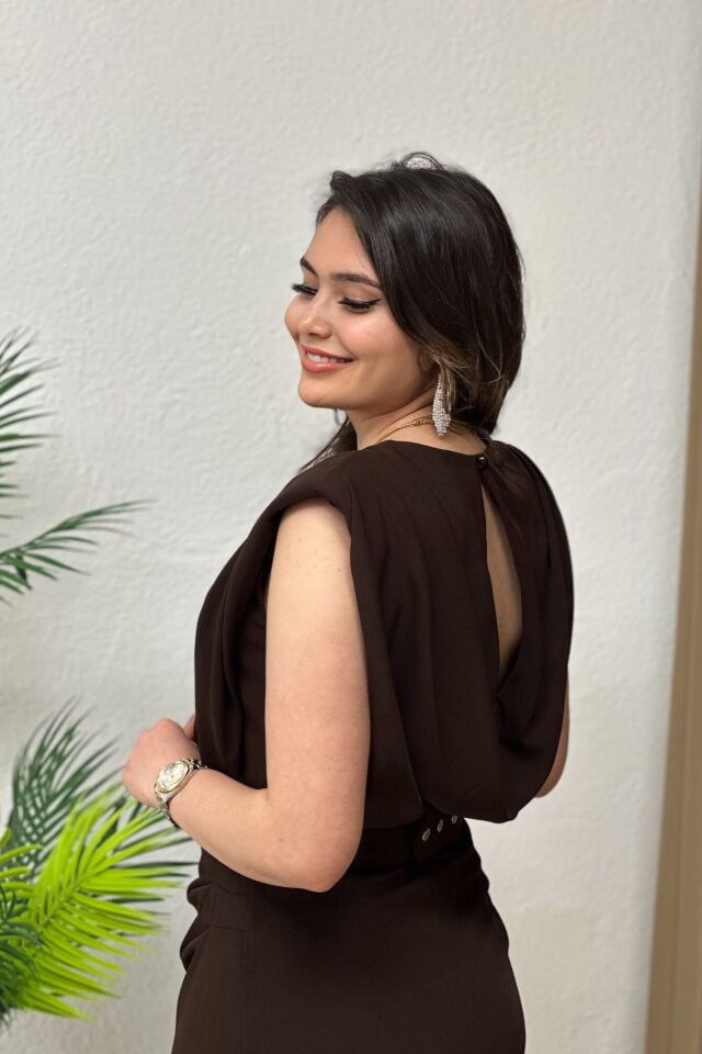 Premium Kemerli Vatkalı Elbise Kahverengi