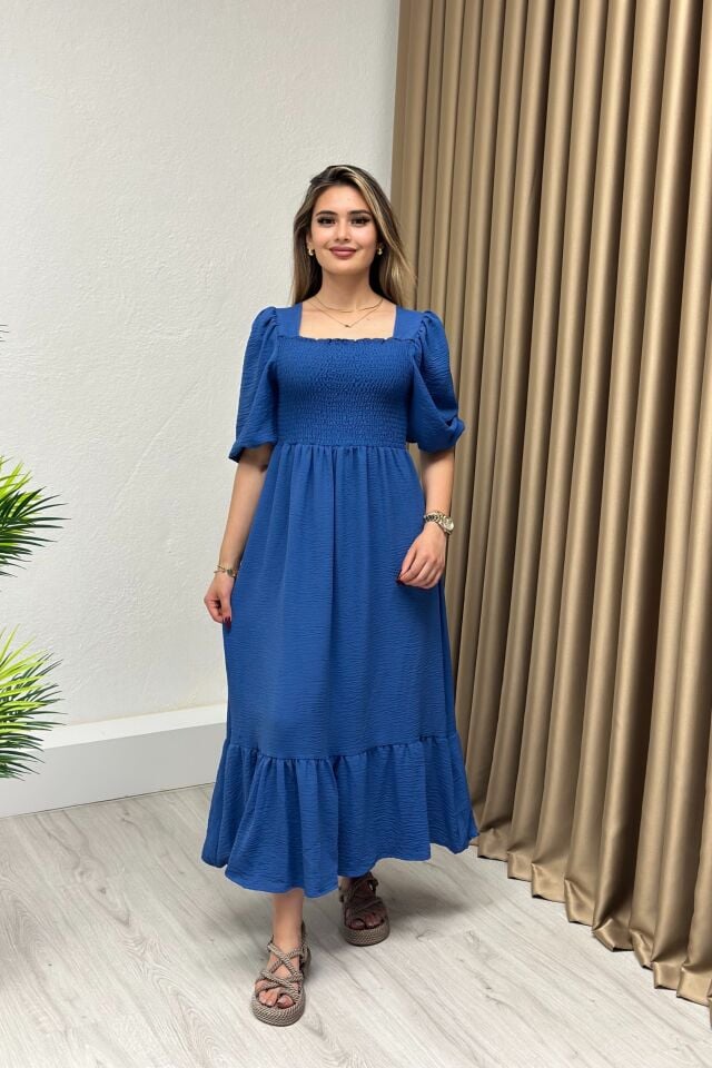 Kare Yaka Ayrobin Kumaş Gipeli Elbise Mavi