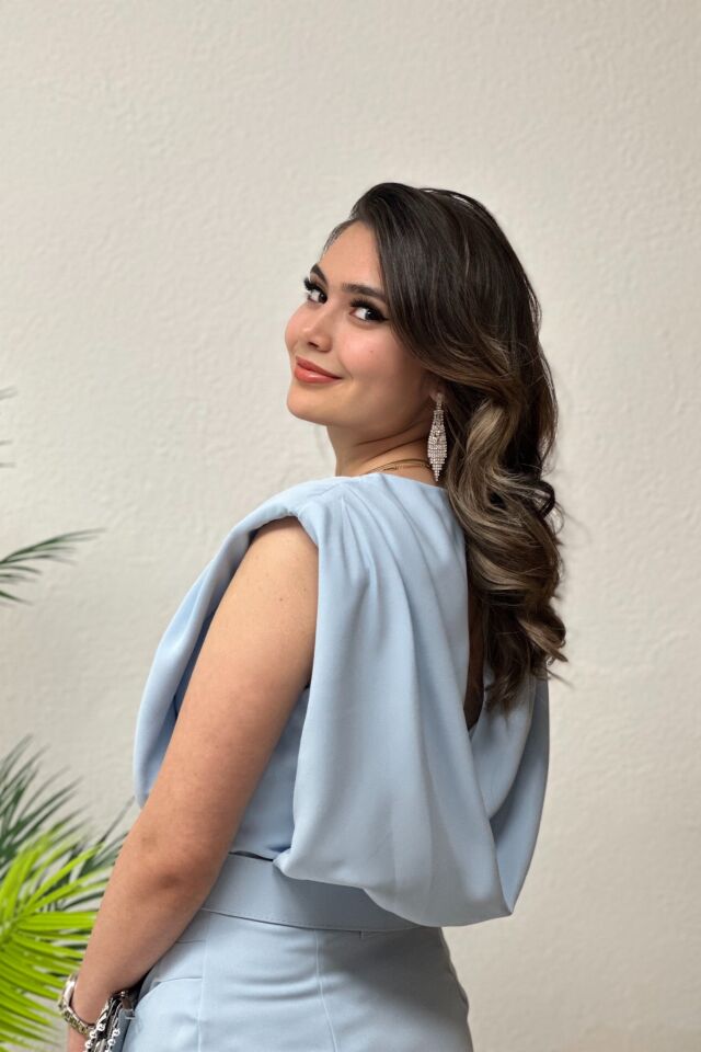 Premium Kemerli Vatkalı Elbise Bebe Mavi