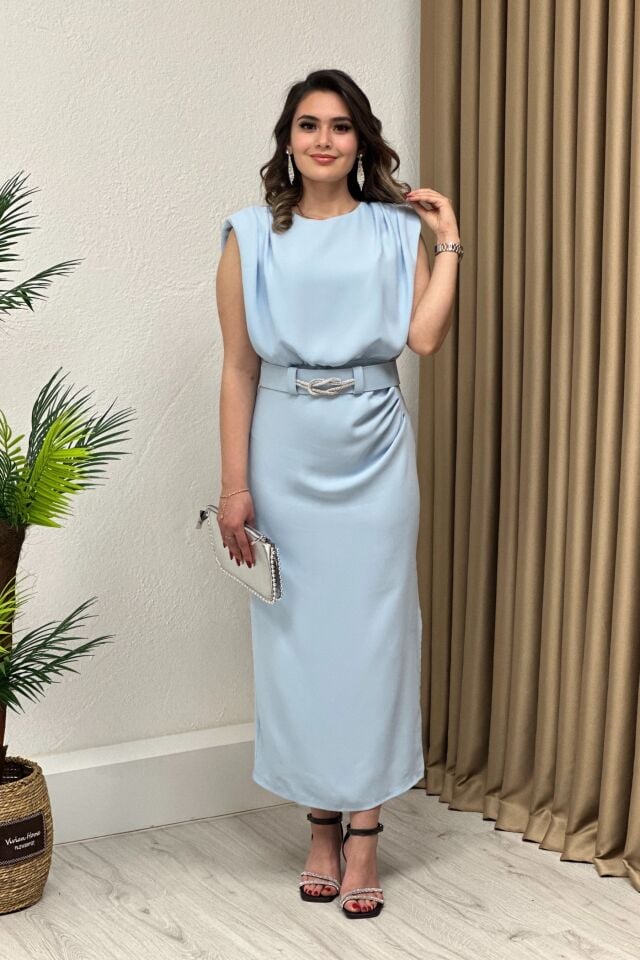 Premium Kemerli Vatkalı Elbise Bebe Mavi