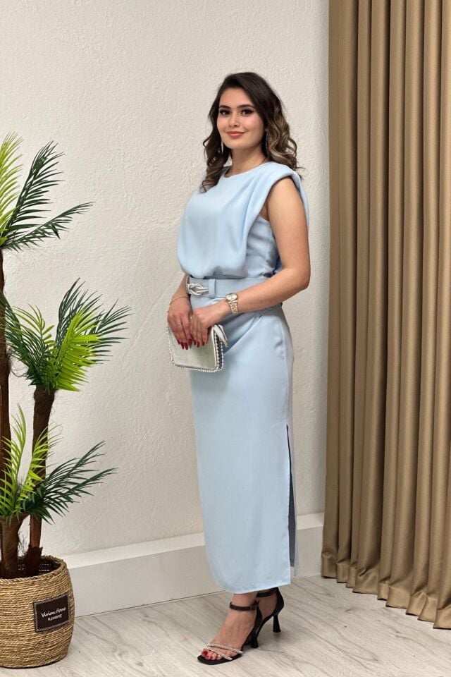 Premium Kemerli Vatkalı Elbise Bebe Mavi