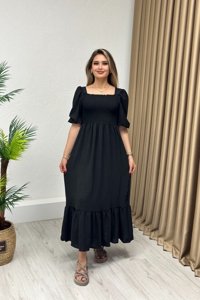 Kare Yaka Ayrobin Kumaş Gipeli Elbise Siyah