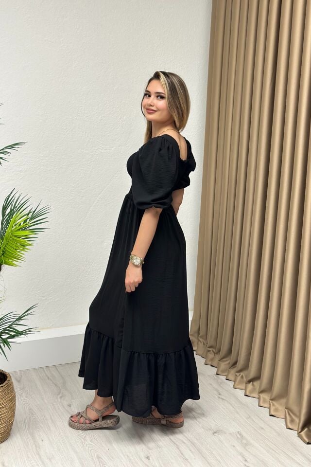 Kare Yaka Ayrobin Kumaş Gipeli Elbise Siyah