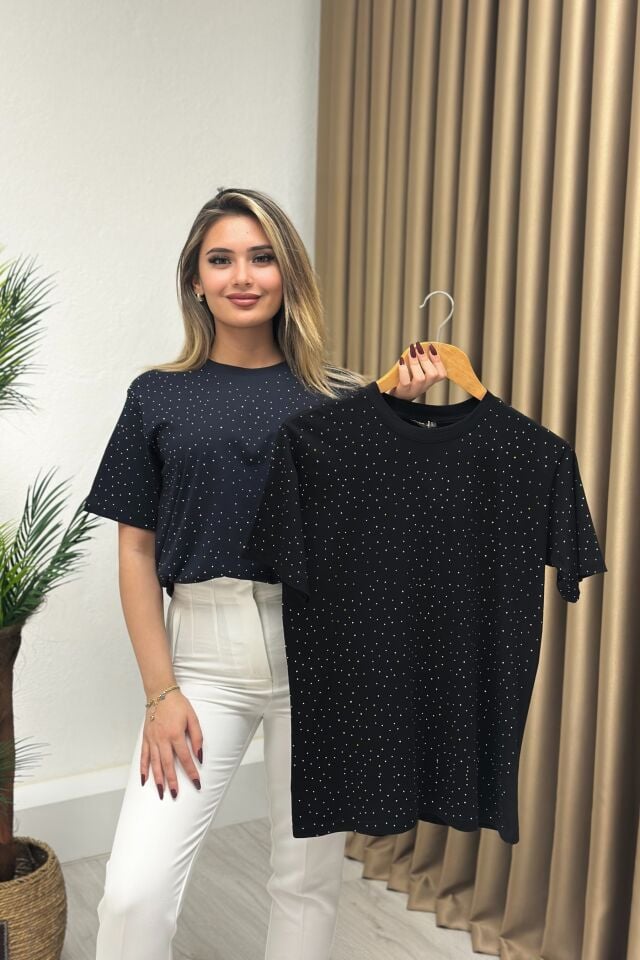 Orjinal Marka Taşlı T-Shirt Siyah