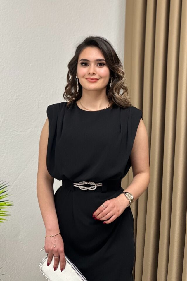 Premium Kemerli Vatkalı Elbise Siyah