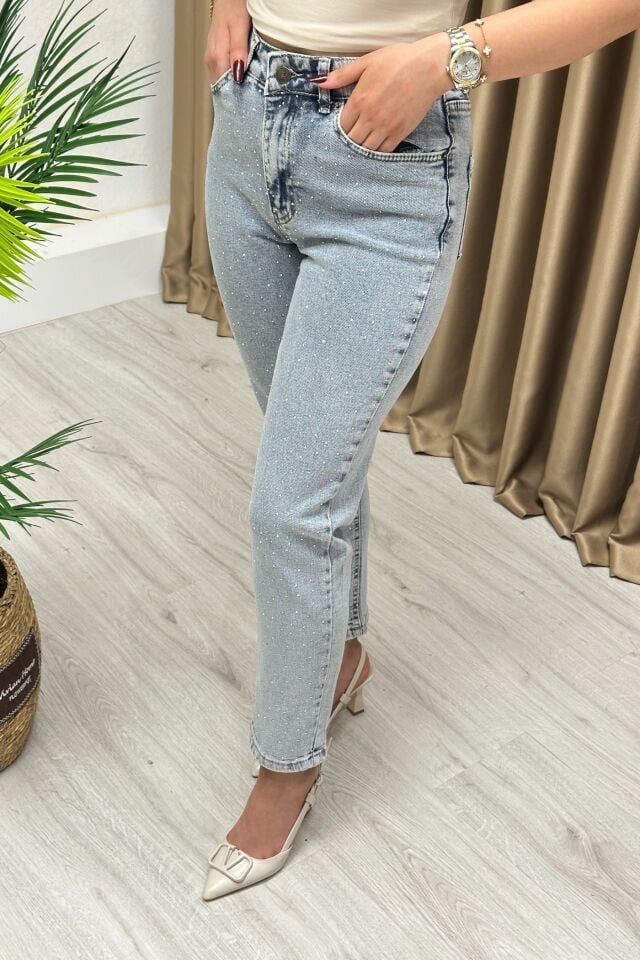 Mom Serpme Taşlı Likralı Premium Jean