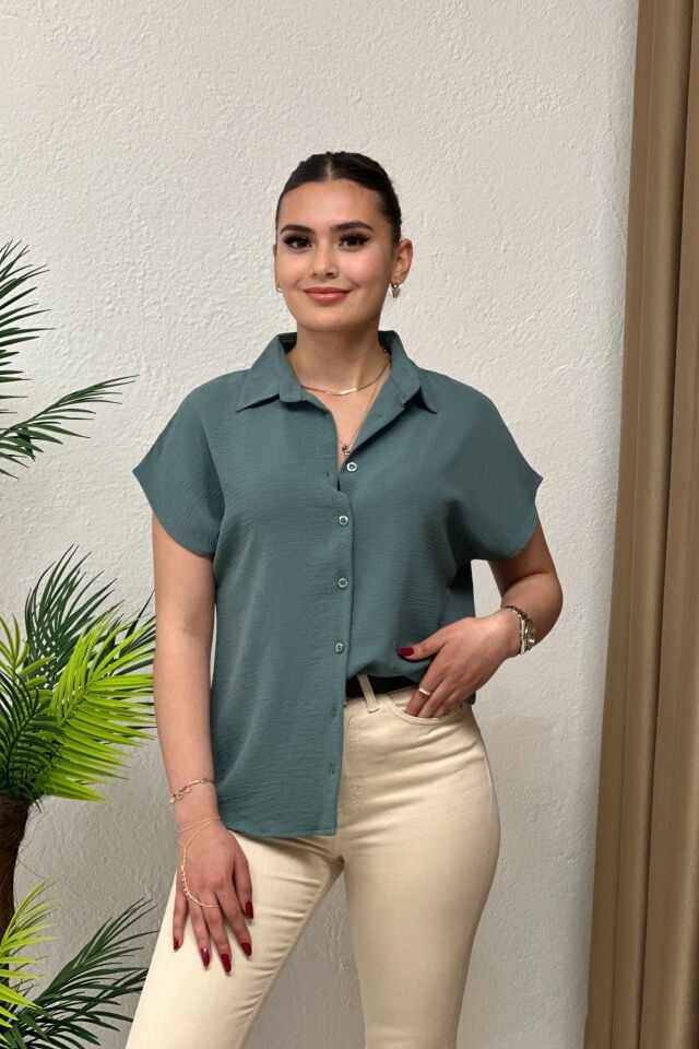 Ayrobin Kumaş Kısa Kollu Gömlek  Mint Yeşil