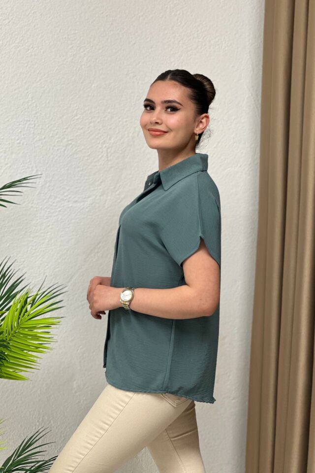 Ayrobin Kumaş Kısa Kollu Gömlek  Mint Yeşil