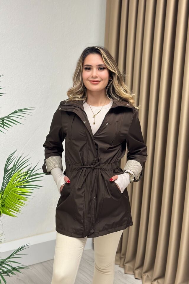 Premium Kalite Bondit Kumaş Oval Kesimli Trençkot Acı Kahve