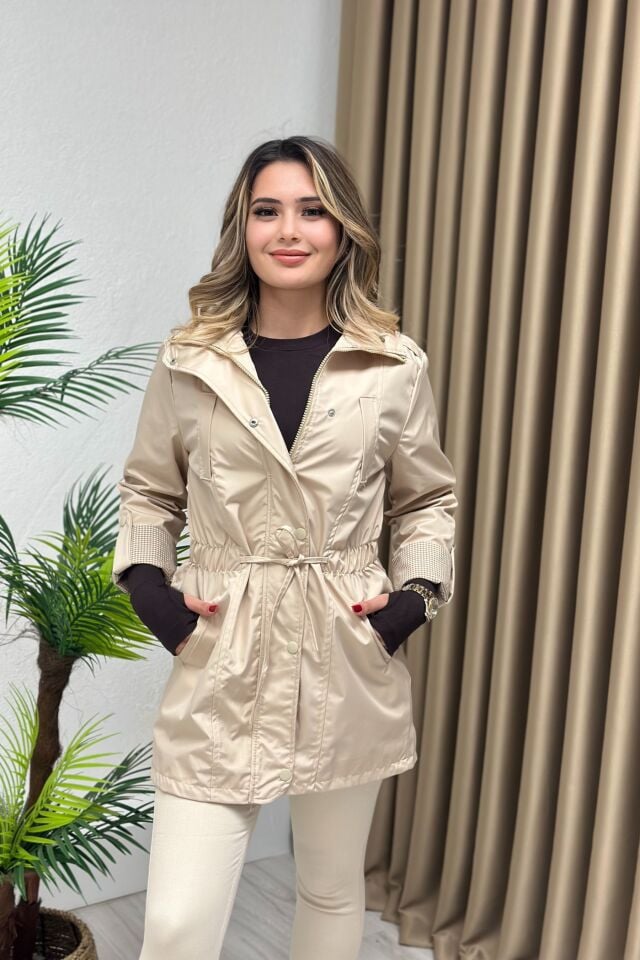 Premium Kalite Bondit Kumaş Oval Kesimli Trençkot Bej