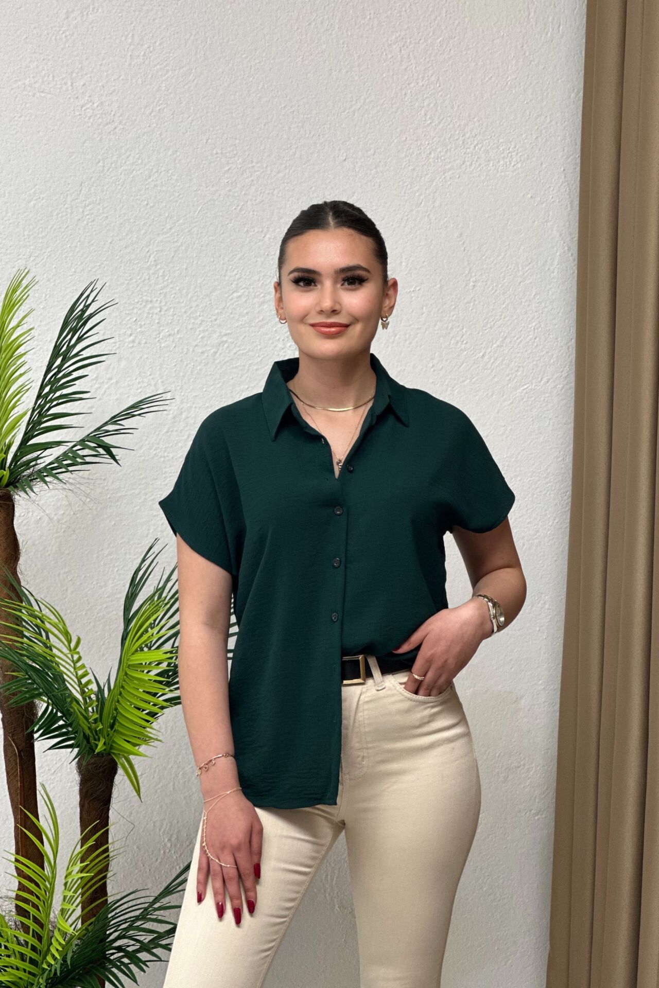 Ayrobin Kumaş Kısa Kollu Gömlek Zümrüt Yeşil
