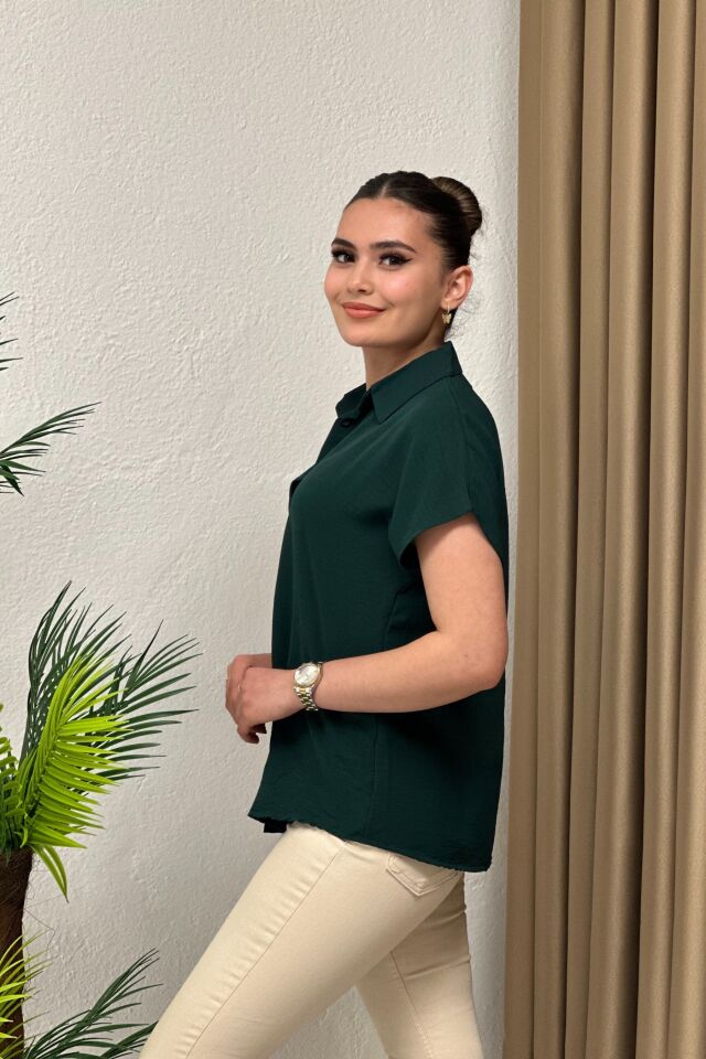 Ayrobin Kumaş Kısa Kollu Gömlek Zümrüt Yeşil