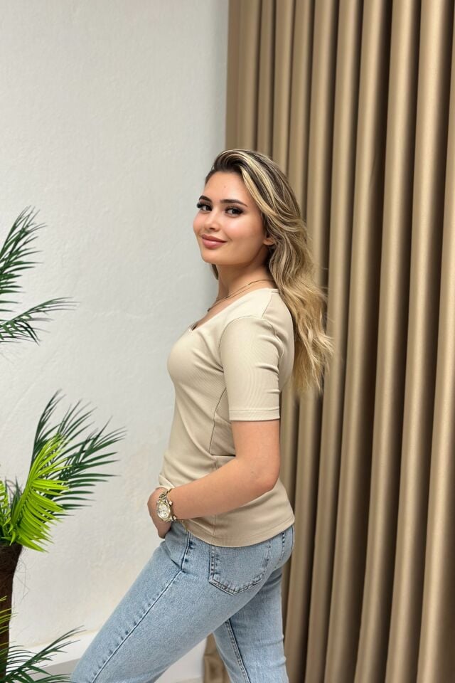 Ottoman Kumaş Kare Yaka Bluz Bej