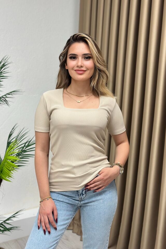 Ottoman Kumaş Kare Yaka Bluz Bej