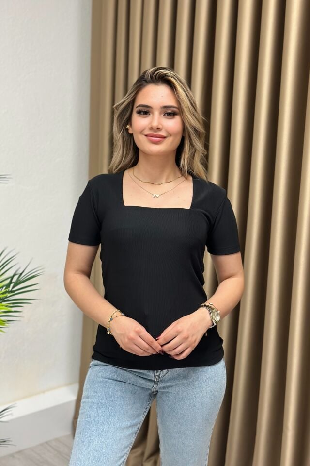 Ottoman Kumaş Kare Yaka Bluz Siyah