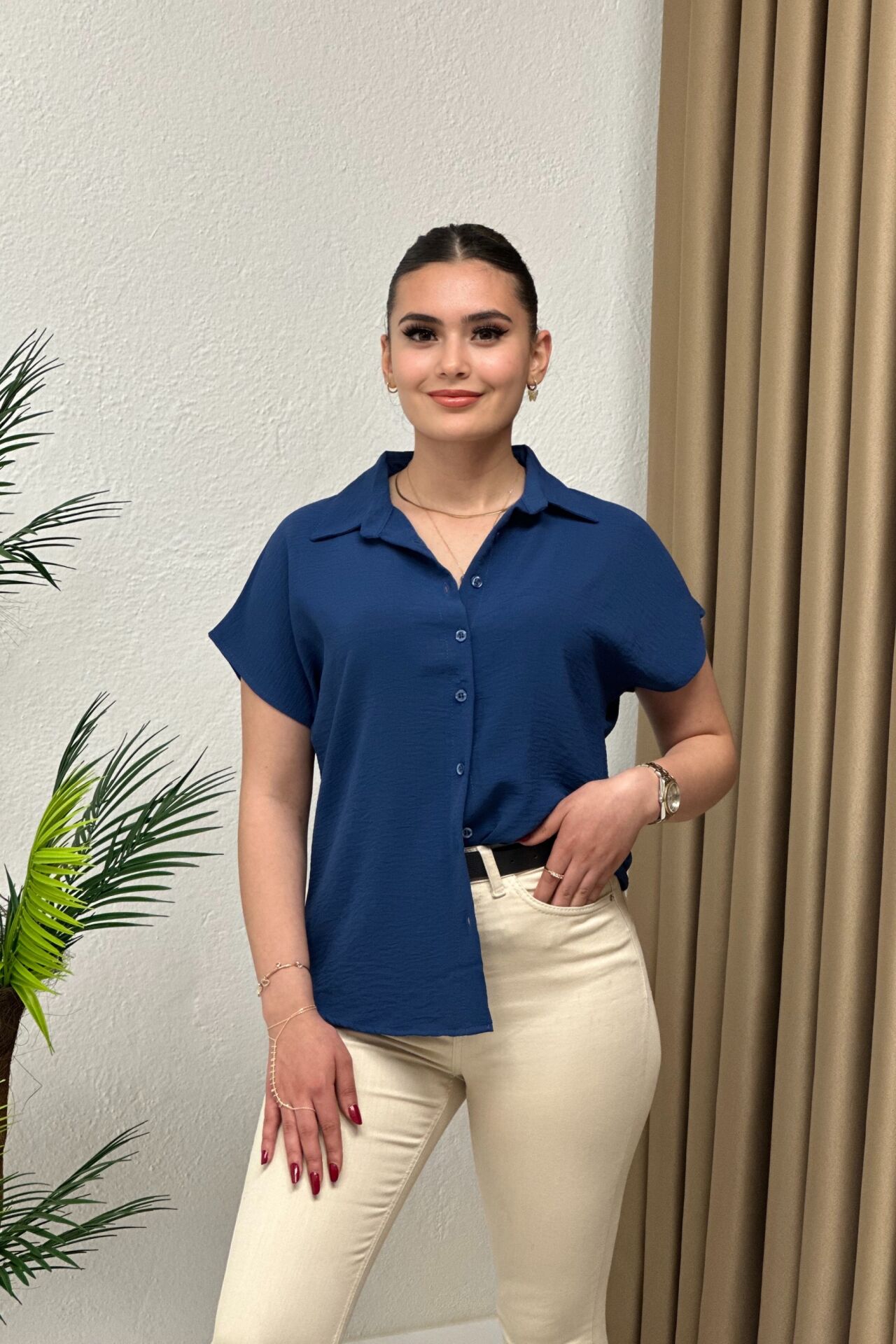 Ayrobin Kumaş Kısa Kollu Gömlek Koyu Indigo Mavi
