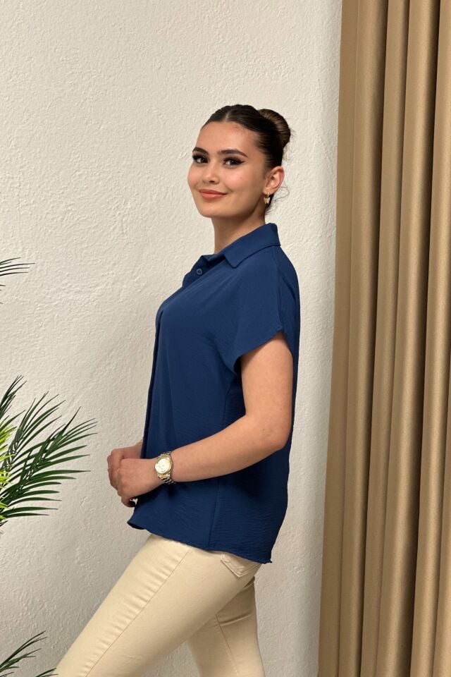 Ayrobin Kumaş Kısa Kollu Gömlek Koyu Indigo Mavi