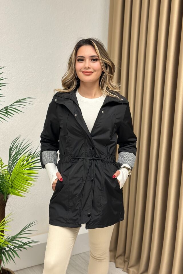 Premium Kalite Bondit Kumaş Oval Kesimli Trençkot Siyah