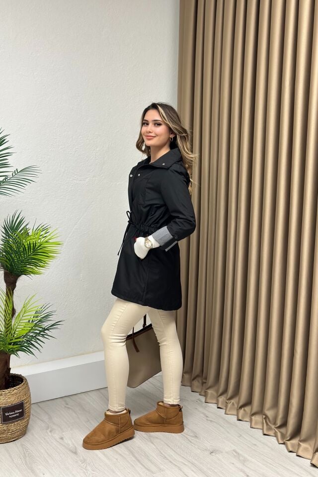 Premium Kalite Bondit Kumaş Oval Kesimli Trençkot Siyah