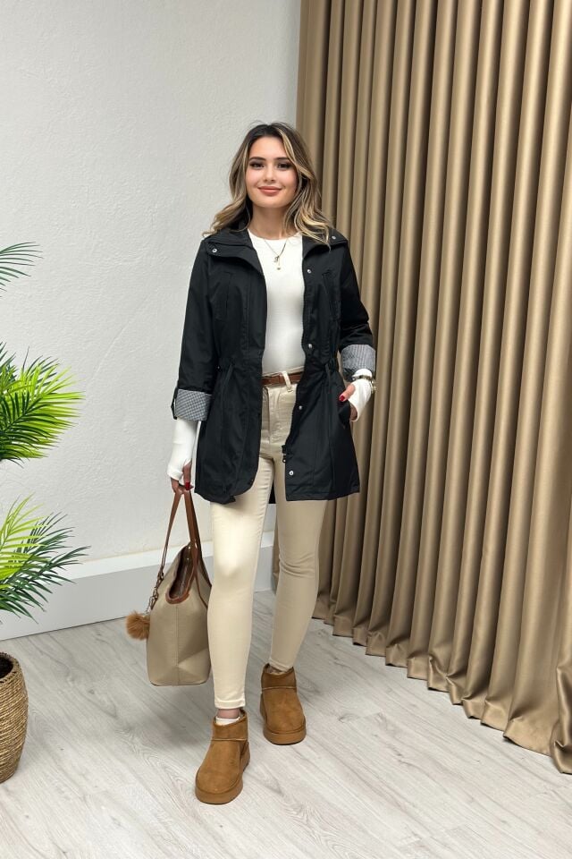 Premium Kalite Bondit Kumaş Oval Kesimli Trençkot Siyah