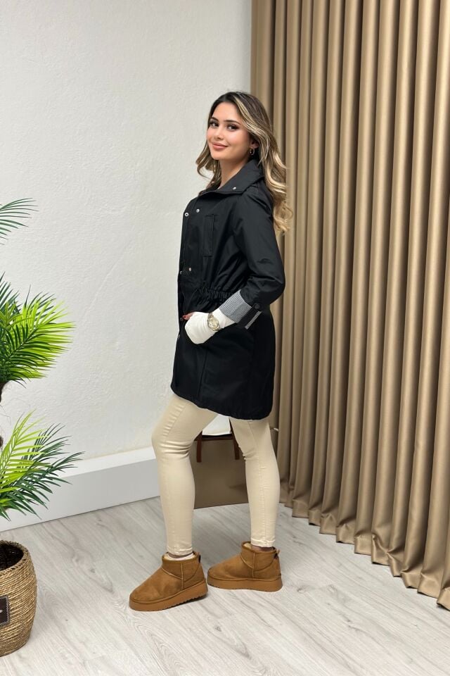 Premium Kalite Bondit Kumaş Oval Kesimli Trençkot Siyah