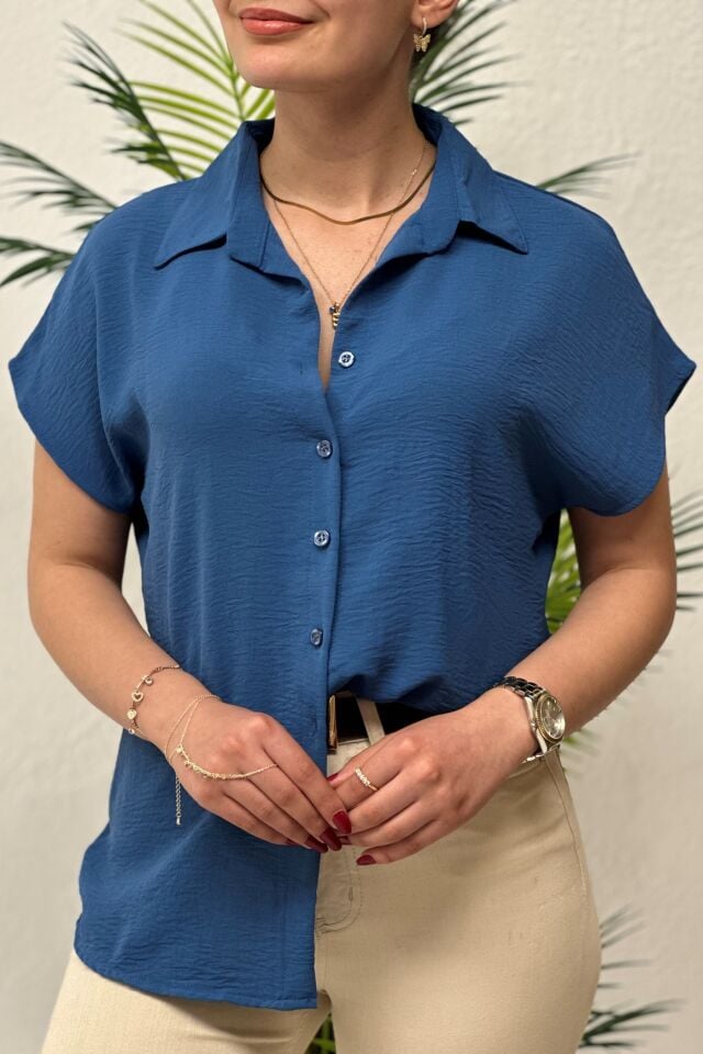 Ayrobin Kumaş Kısa Kollu Gömlek Açık Indigo Mavi