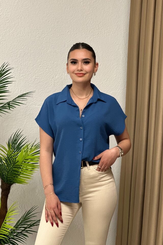 Ayrobin Kumaş Kısa Kollu Gömlek Açık Indigo Mavi