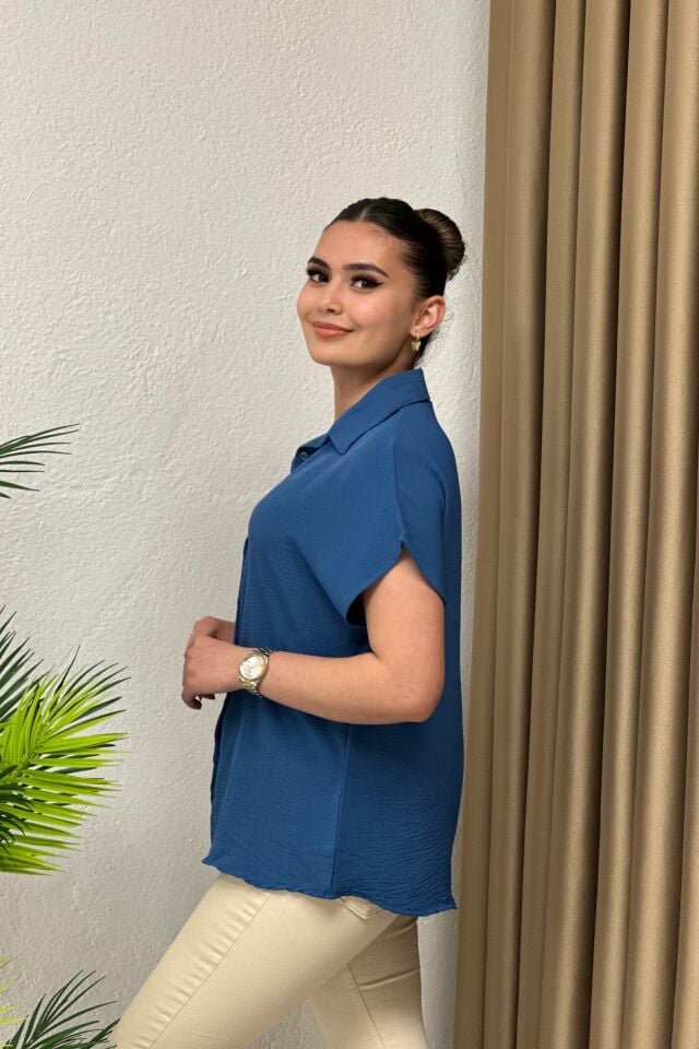 Ayrobin Kumaş Kısa Kollu Gömlek Açık Indigo Mavi