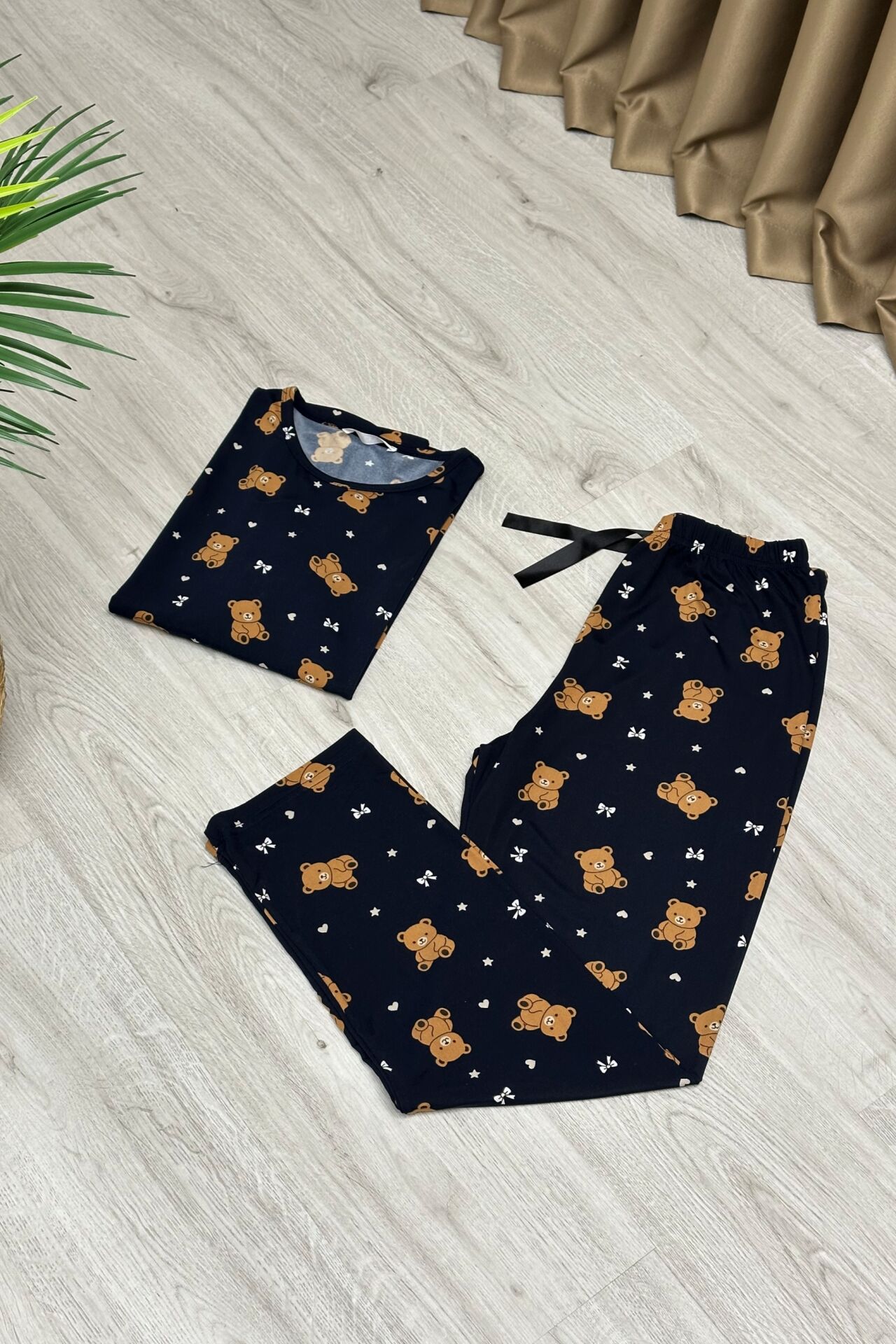 Uzun Kollu Lacivert Pijama Takımı  Ayıcıklı