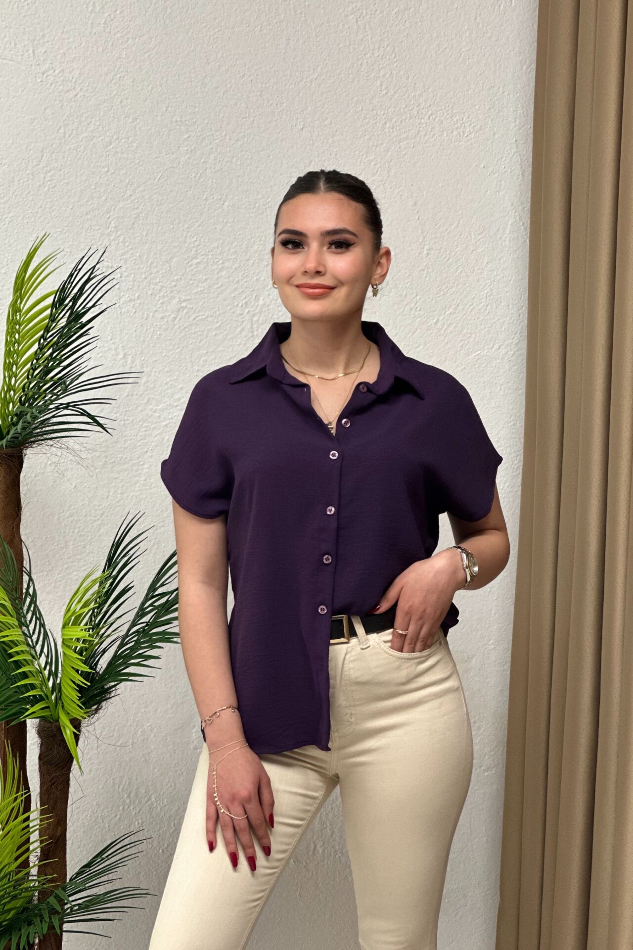 Ayrobin Kumaş Kısa Kollu Gömlek Mor