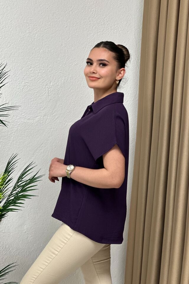 Ayrobin Kumaş Kısa Kollu Gömlek Mor