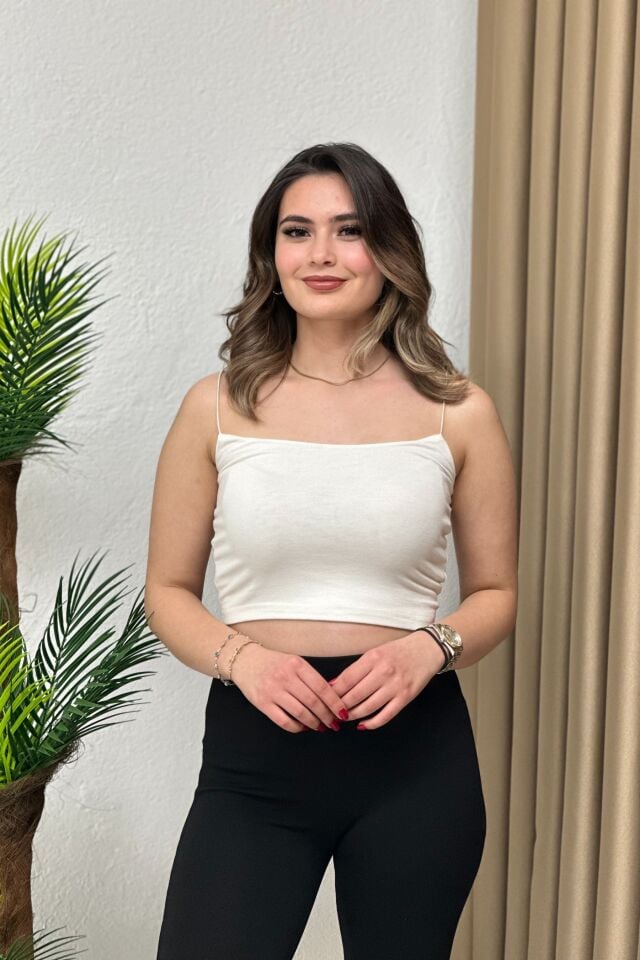 Viskon Kumaş İp Askılı Crop Beyaz