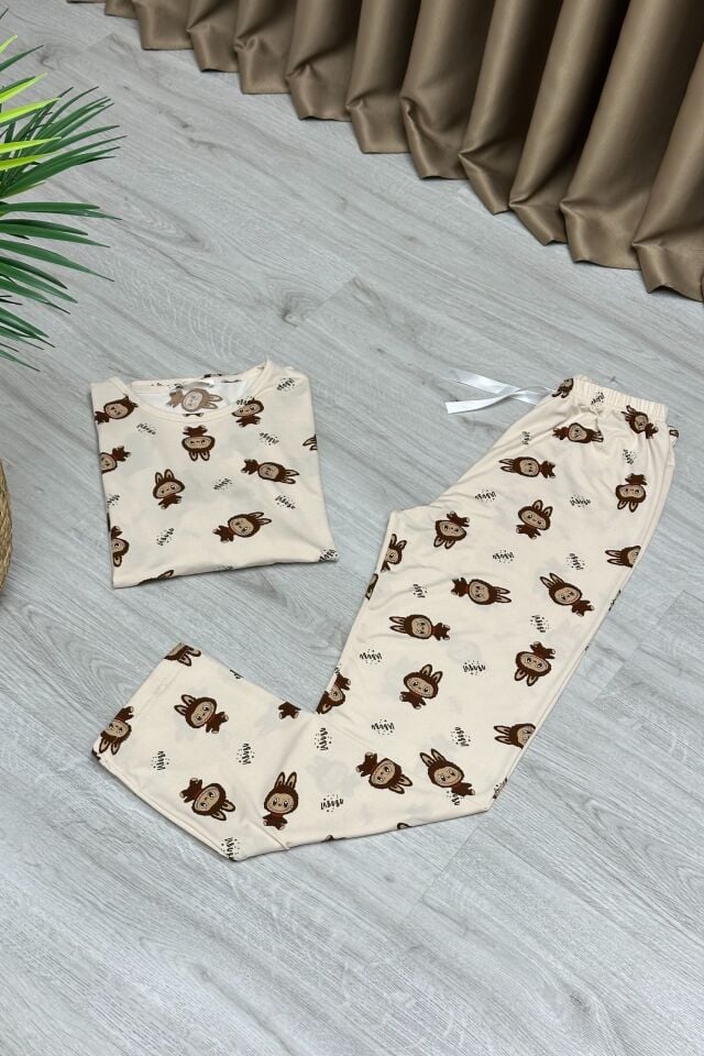 Uzun Kollu  Pijama Takımı Kahve Labubu