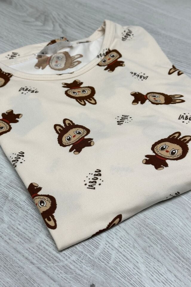 Uzun Kollu  Pijama Takımı Kahve Labubu