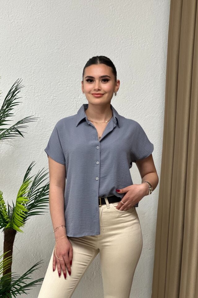 Ayrobin Kumaş Kısa Kollu Gömlek Gri