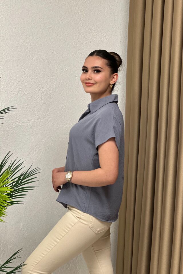 Ayrobin Kumaş Kısa Kollu Gömlek Gri