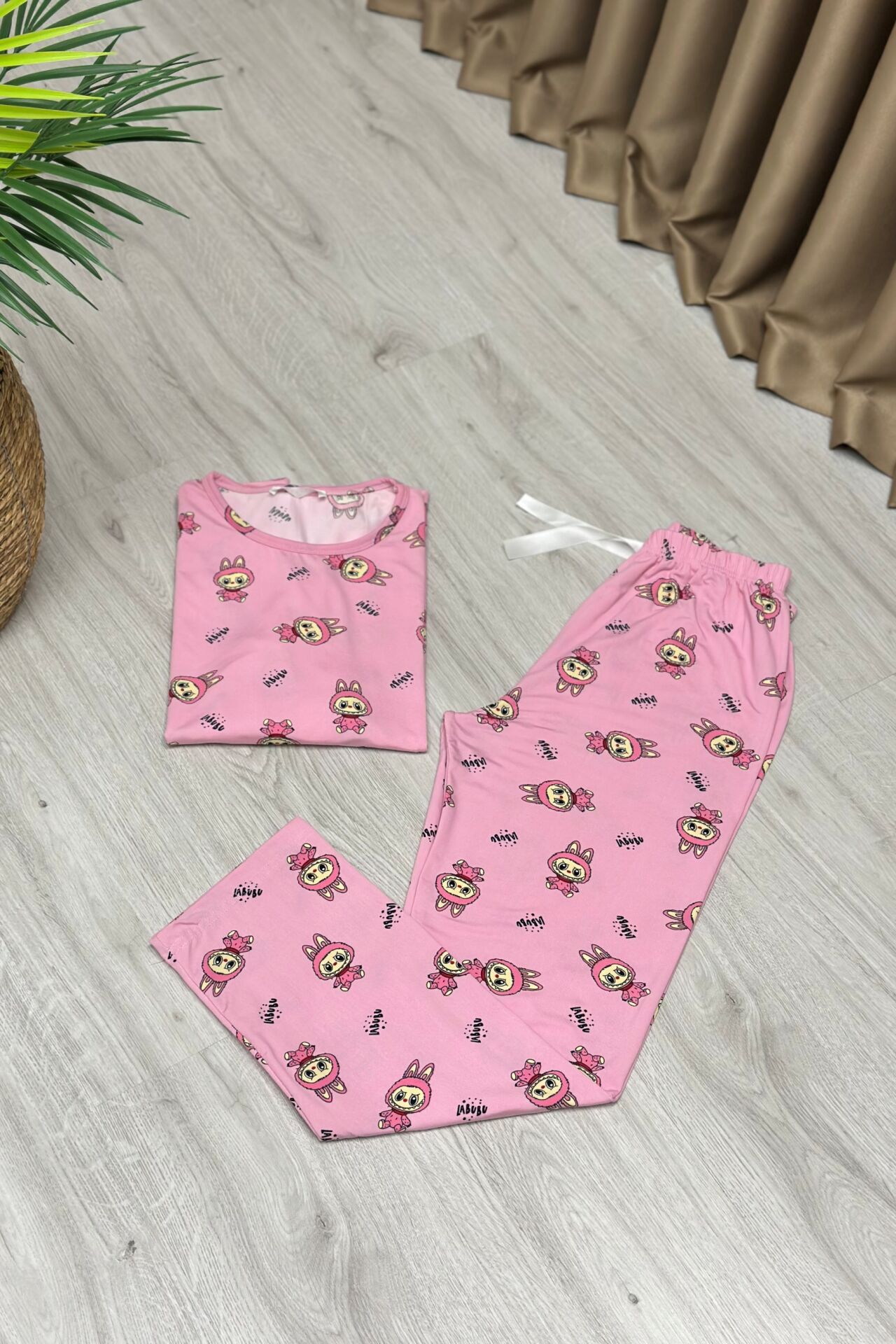 Uzun Kollu  Pijama Takımı Pembe Labubu