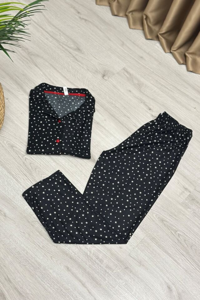 Uzun Kollu  Gömlek Yaka Düğmeli Süet Kumaş Pijama Takımı Siyah Yıldızlı