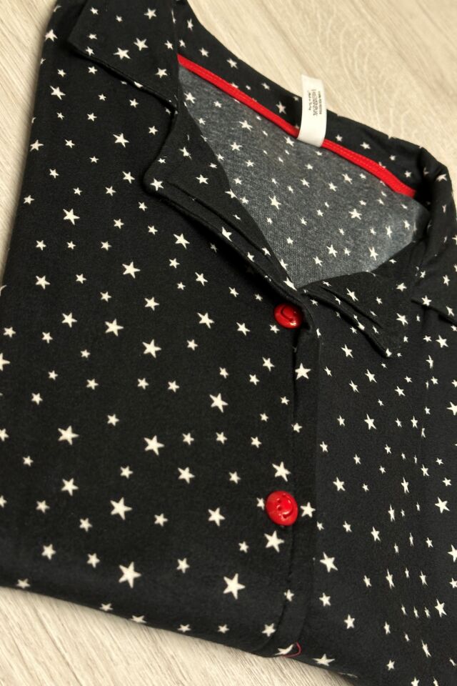 Uzun Kollu  Gömlek Yaka Düğmeli Süet Kumaş Pijama Takımı Siyah Yıldızlı
