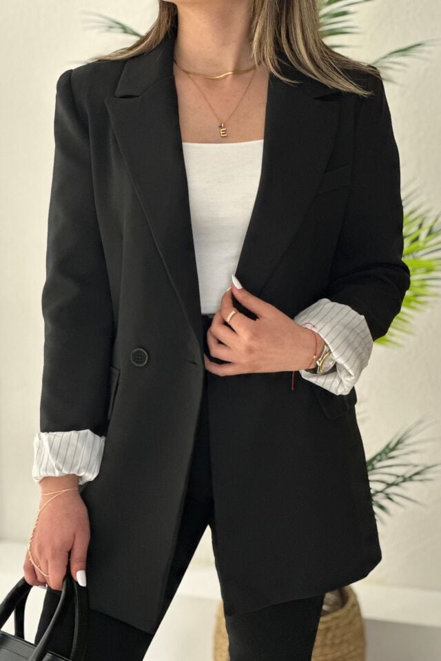 Premium Çizgi Astarlı Blazer Ceket Siyah