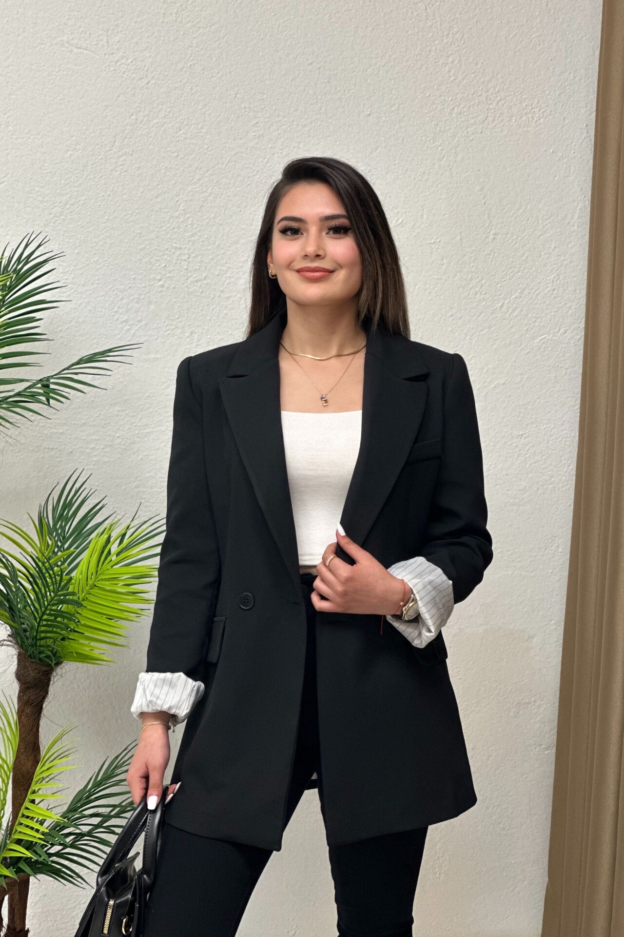 Premium Çizgi Astarlı Blazer Ceket Siyah