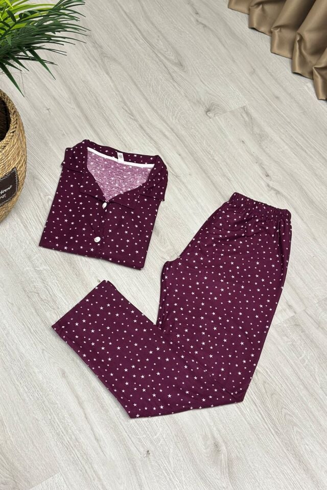 Uzun Kollu  Gömlek Yaka Düğmeli Süet Kumaş Pijama Takımı Mürdüm Yıldızlı