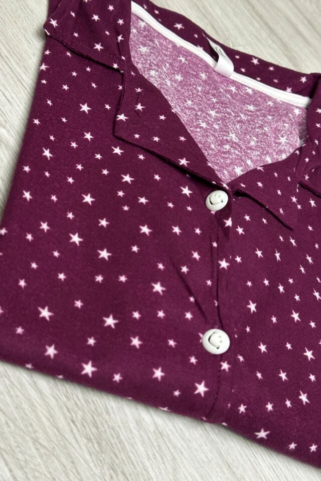 Uzun Kollu  Gömlek Yaka Düğmeli Süet Kumaş Pijama Takımı Mürdüm Yıldızlı