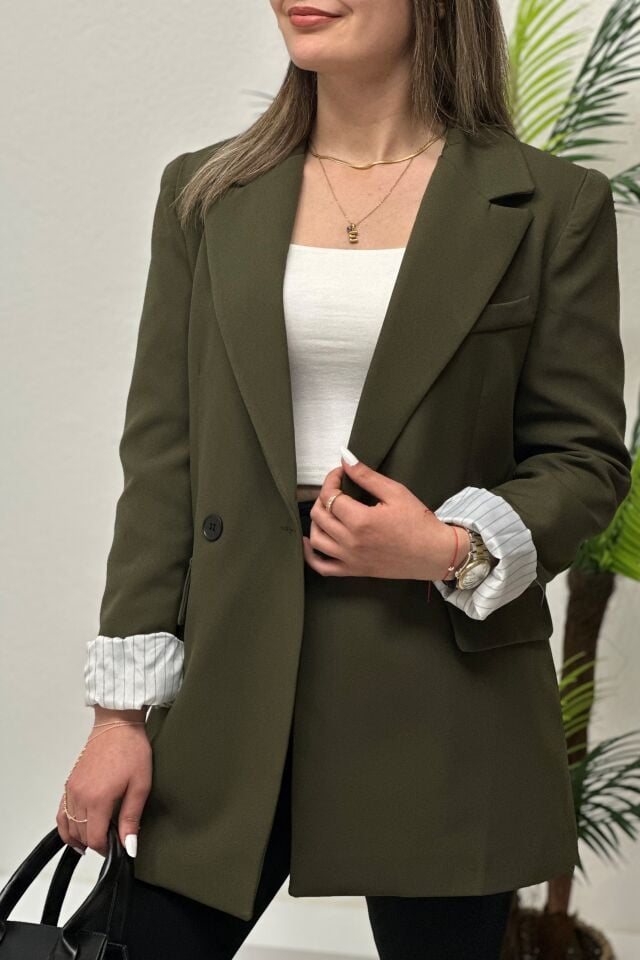Premium Çizgi Astarlı Blazer Ceket Haki Yeşil