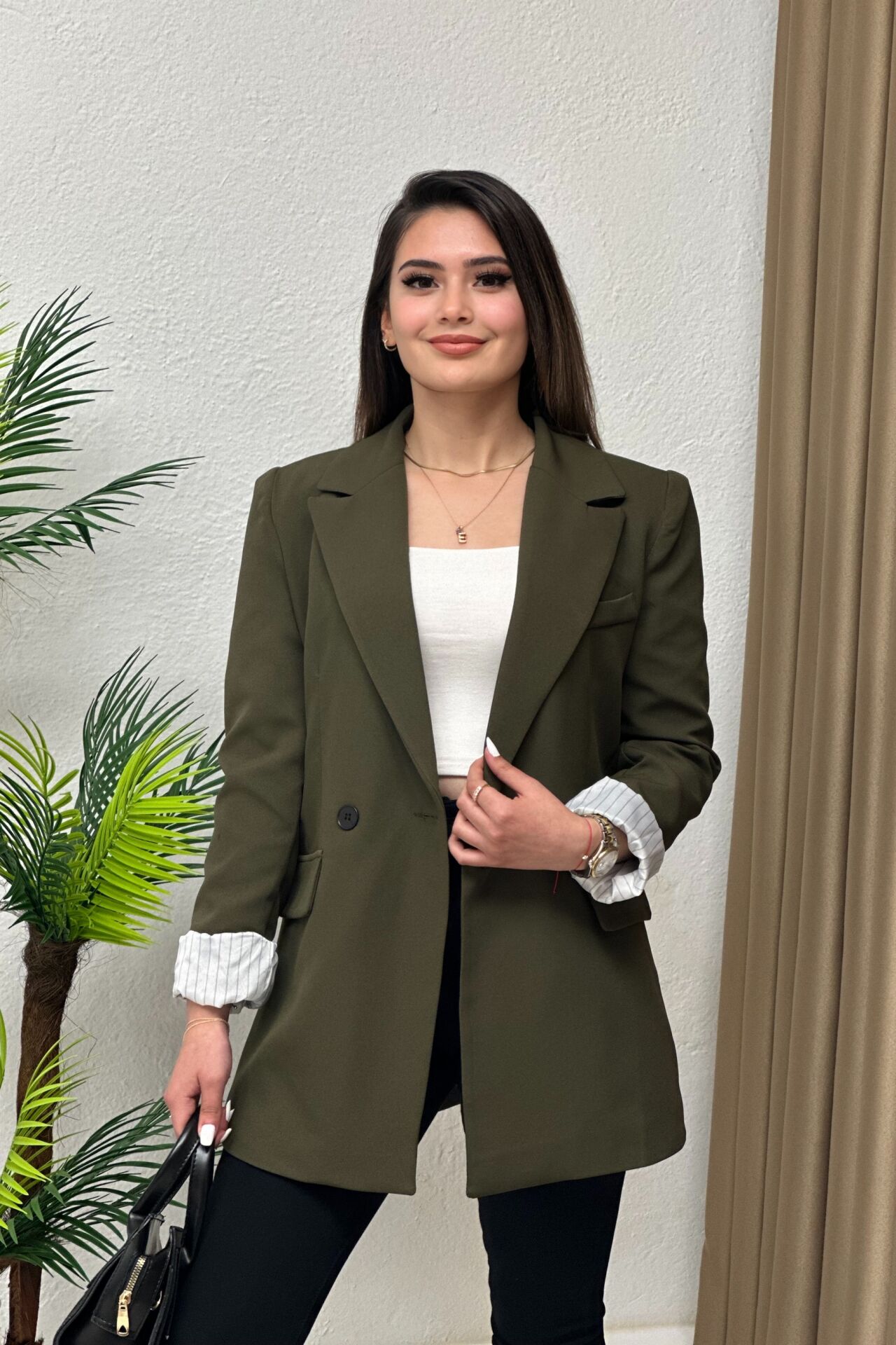 Premium Çizgi Astarlı Blazer Ceket Haki Yeşil
