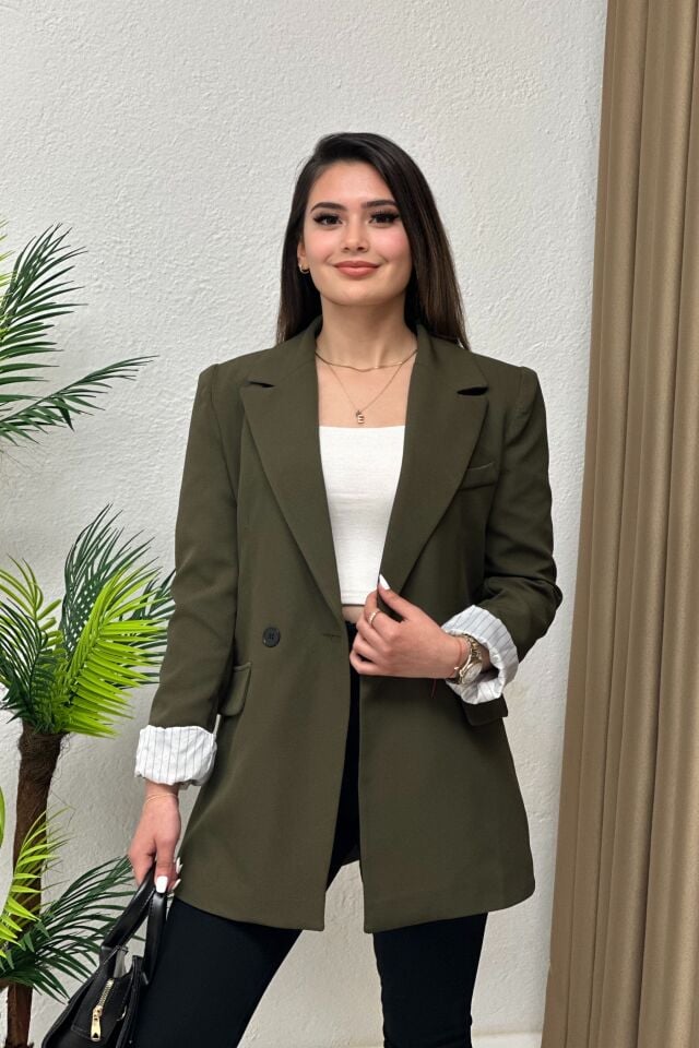Premium Çizgi Astarlı Blazer Ceket Haki Yeşil